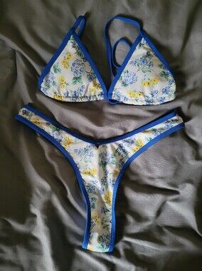 Floral Blue Trim Bikini Set - Yellow & Light Blue Flowers